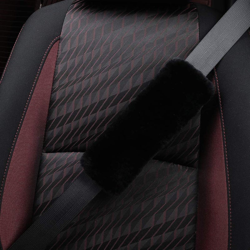 OGLAND Genuine Sheepskin Soft Fuzzy Car Seat Belt Cover Pad, Comfy Fluffy Seatbelt Covers for Shoulder Pad Neck Cushion Protector Car Accessories Woman Man Girl(1Pcs/Black) - Image 3